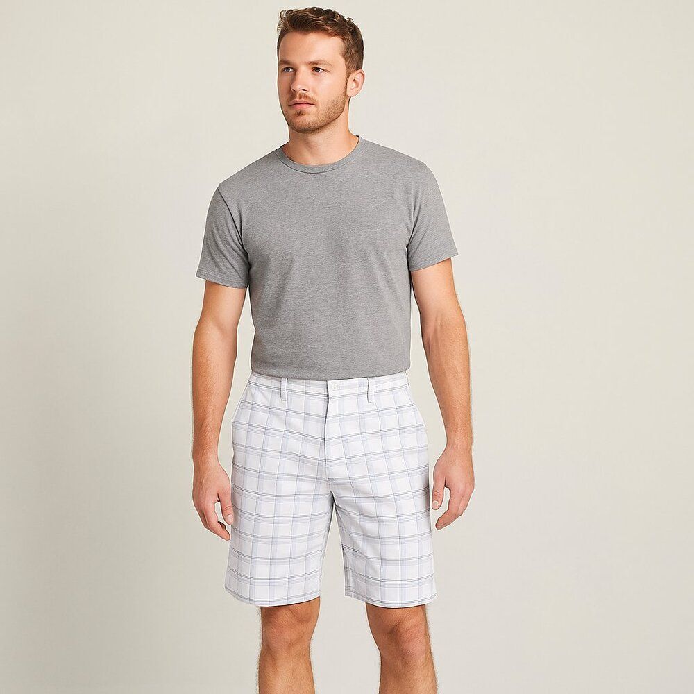 Kirkland Signature Men’s White Plaid Golf Shorts – Size 36 – Stretch Performance